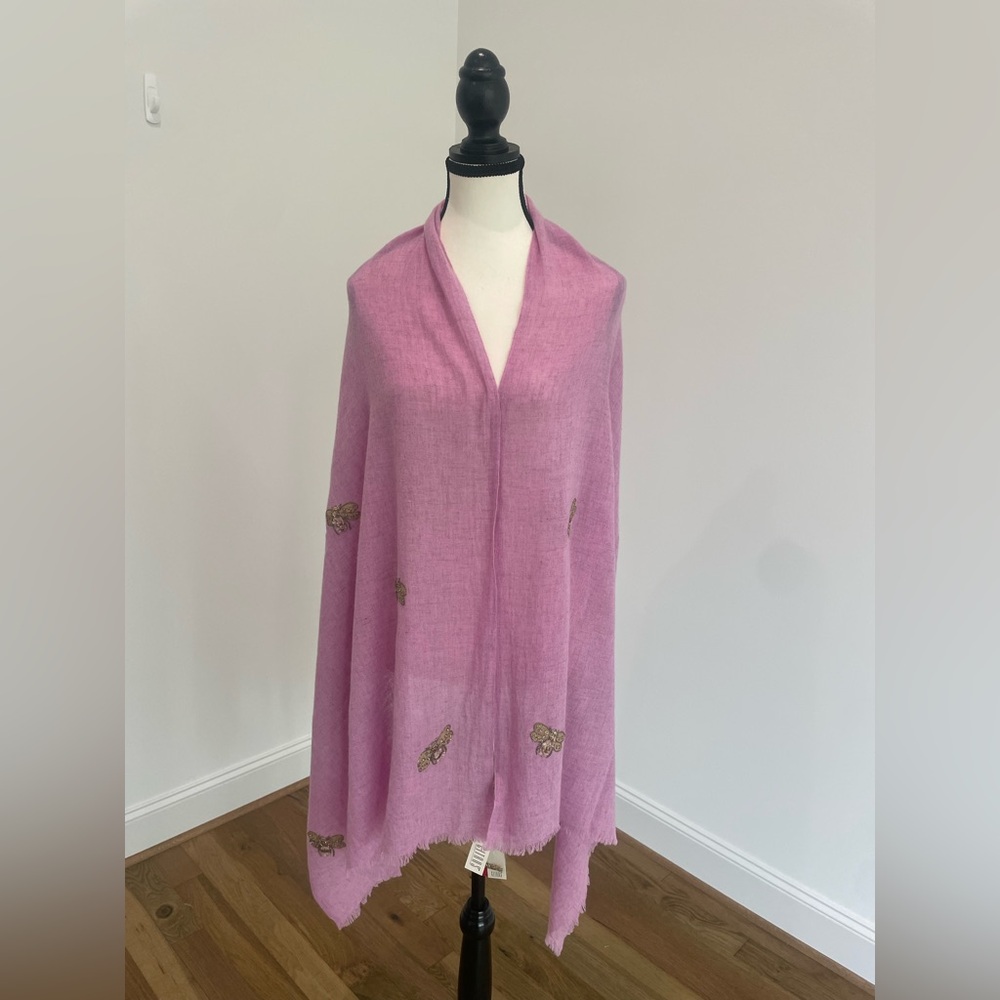 NWT Citrus Pashmina Wool Wrap - Pink/Purple with Gold Beaded Bumblebee Details